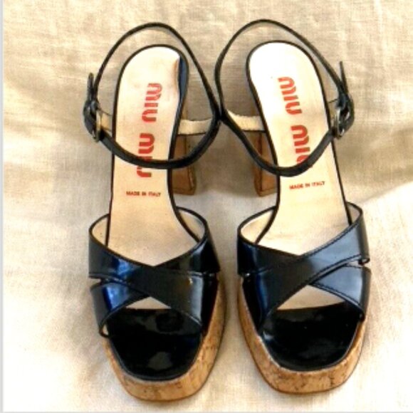 Rare Find!  Miu Miu Black Patent Leather Cork Heels, V. good pre-owned condition - Picture 1 of 12